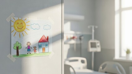 Child's drawing of family on hospital wall brings hope and cheer to patient room with medical equipment