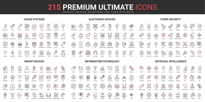 Smart home systems and devices, AI information technology thin line red black icons set vector illustration. Abstract symbols of artificial intelligence, cyber security simple design mobile web apps