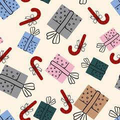 Doodle Christmas Presents and Candy Canes Vector Seamless Pattern