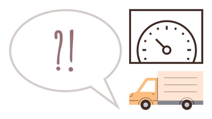 Delivery truck beside speed gauge and a speech bubble with question marks. Ideal for logistics, speed tracking, supply chain management, timing issues, transportation, decision-making