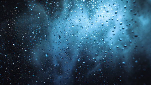 Fototapeta A moody, atmospheric image of raindrops cascading down a window, with a view of steam