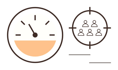 Gauge with needle indicating measurement and target with group of people inside crosshairs. Ideal for strategy, performance, precision, analytics, efficiency, goals, and success. Simple flat metaphor