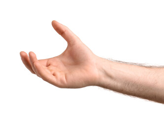 Man holding something on white background, closeup
