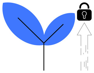 Data privacy, cybersecurity, sustainability, innovation, secure growth, nature integration. A plant with blue leaves, a lock and an arrow pointing upward. Data privacy and cybersecurity concept