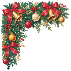 Festive christmas corner garland with bells, bows, and baubles isolated on transparent background