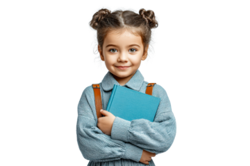 Young girl holding blue book with happy expression