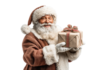 Smiling Santa Claus holding a wrapped gift box