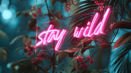 A neon sign that reads stay wild surrounded by lush greenery and flowers. The neon sign glows with vibrant pink light, adding a touch of urban flair to the natural scene