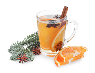 Tasty mulled wine with spices in glass cup, orange slices and fir branches isolated on white