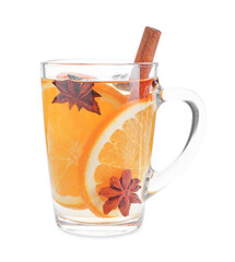 Tasty mulled wine with spices and orange slices in glass cup isolated on white