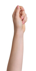 Woman showing gesture with hand on white background, closeup