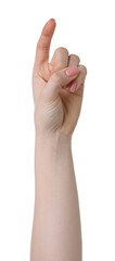 Woman pointing at something on white background, closeup