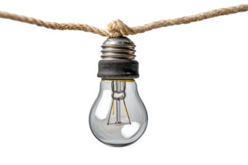 Incandescent light bulb suspended by rope knot
