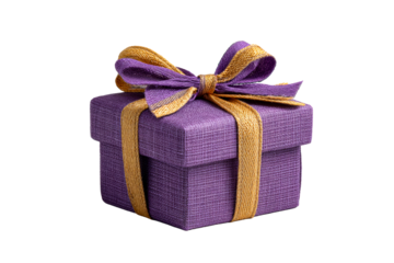 Purple gift box with gold and purple ribbon bow