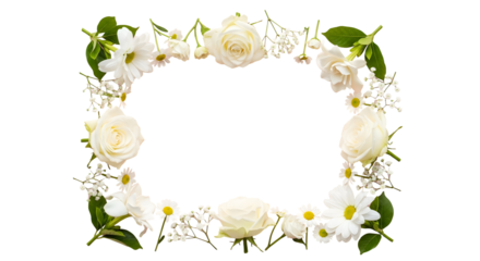Elegant floral wreath with white roses and daisies arranged in a perfect circle on a black
