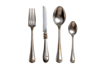 Set of antique metal cutlery on a white background