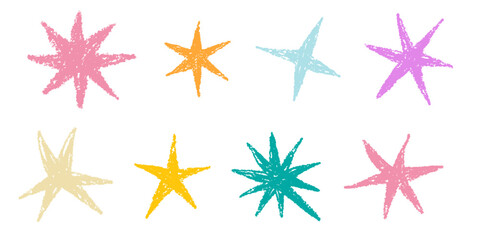 Shape elements, abstract. Graphic stars among scribble doodles, color collage. Flat vector illustrations isolated on white background