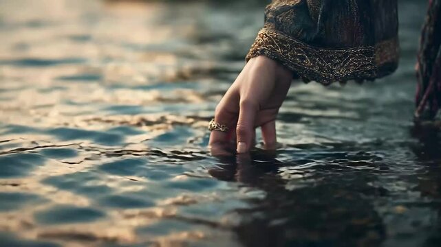 A model female hand standing on the water, A model female hand emerging gracefully from the water, creating a serene and artistic visual effect