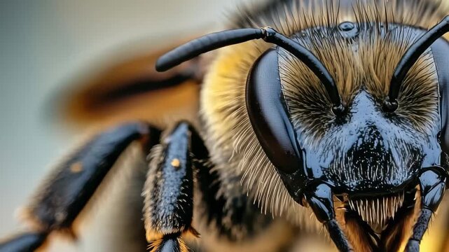 A bee rests on a honeycomb, highlighting its complex features and texture. Sunlight illuminates the scene, capturing the essence of nature&acirc;&euro;&trade;s pollinators at work.