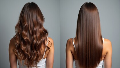 Woman with wavy hair on the left and straight hair on the right  