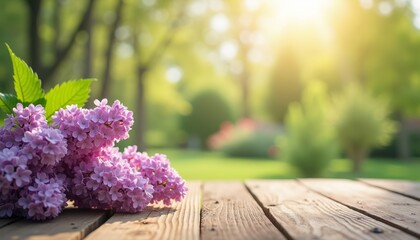 Lilac flowers arranged on wooden table in sunny garden background  
