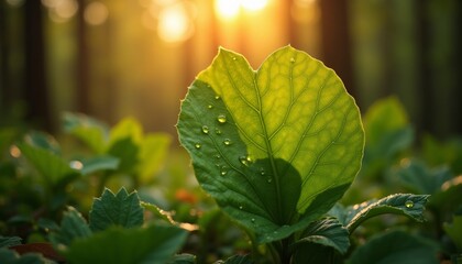 Closeup of green leaf with water droplets in sunlight forest  