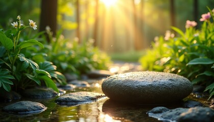 Tranquil stream with smooth stones and wildflowers in sunlight  
