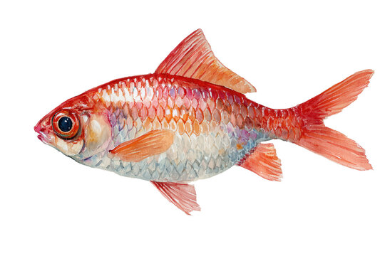 Bright Red Rosy Barb hand drawn watercolor fish painting