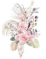A bouquet drawn isolated on a white background with delicate roses and tropical leaves. High quality illustration