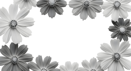 Elegant monochrome floral frame highlighting black and white daisy-like blossoms