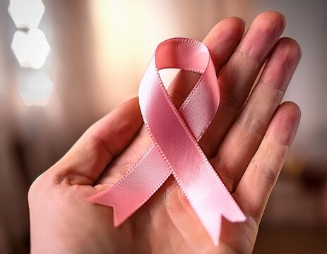 a hand holding a pink ribbon symbolizing cancer awareness and support for those affected by breast cancer