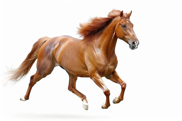 Obraz premium A majestic brown horse runs powerfully with its flowing mane and tail caught in the wind. A dynamic shot capturing speed and freedom.