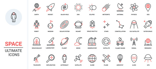 Vector illustration trendy red black thin line icons set space travel universe research technology, astronaut spaceship, moon solar system planets, and futuristic observatory and telescope.