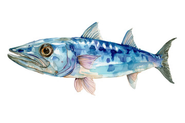 Fototapeta premium Blue and Silver Pompano hand drawn watercolor fish painting