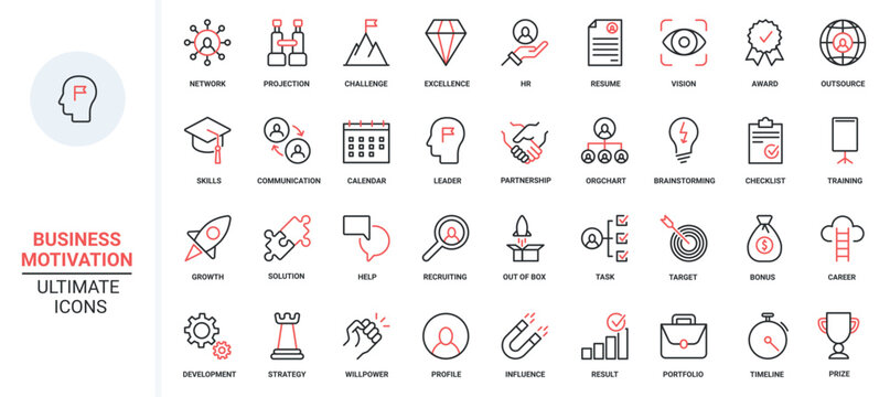 Red black thin line icons set for business challenge and motivation for career growth, professional ambitions and risks, success leadership and launch finance projects vector illustration. - Powered by Adobe