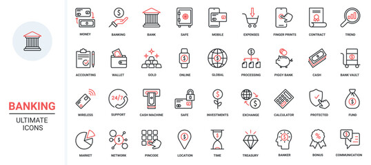 Red black thin line icons set finance, accounting analysis service and analytics, bank account, money profit growth, linear stock market data research infographic vector illustration