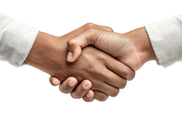 Two hands shaking with white textured sleeves