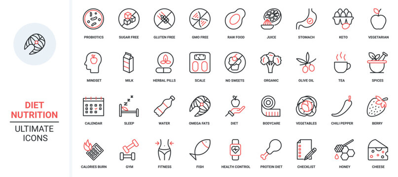 Nutrition trendy red black thin line icons set vector illustration. Diet sport in gym to slim, balance detox with water, healthy menu without sugar, GMO and gluten free, fresh vegetarian vitamin food.