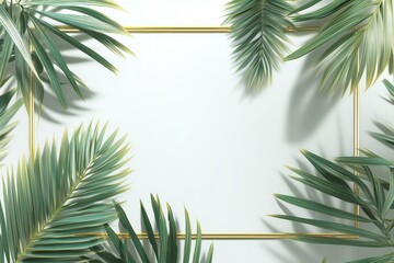 premium flat-lay for summer sale featuring  palm leaves around, thin golden frame in the center