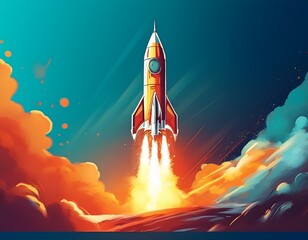 soaring aspirations a rocket ascends majestically leaving a trail of smoke and fire a symbol of innovation progress and reaching for the stars with a vivid gradient background