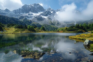 A breathtaking view of a calm mountain lake reflecting snow-capped peaks under a brilliant blue sky. Evokes feelings of peace, tranquility, and natural beauty.