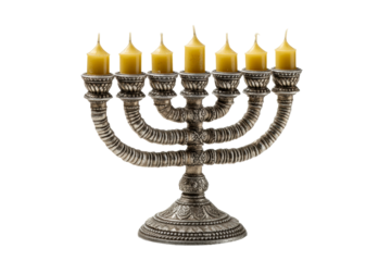 Antique silver menorah with seven yellow candles