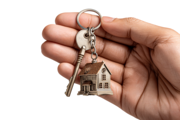 Hand holding house key with miniature home charm