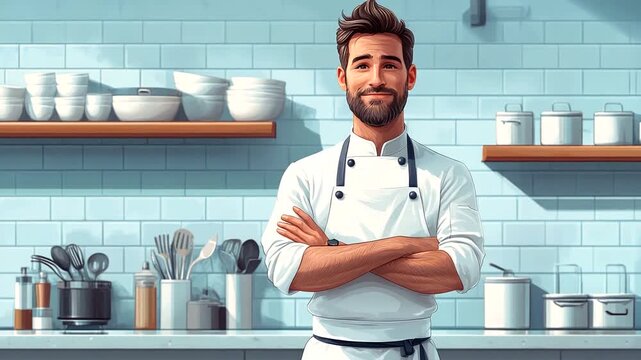 Smiling chef in a modern kitchen with cooking utensils and ingredients