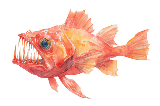 Saber-toothed viperfish hand drawn watercolor