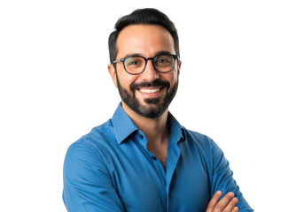 A smiling confident man with a beard and glasses wearing a blue shirt with his arms crossed against a black background