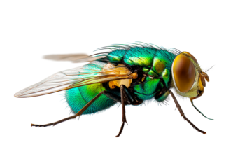 Common green bottle fly with an iridescent emerald body and large golden compound eyes is shown in a detailed studio macro shot, highlighting its intricate anatomy and delicate wings