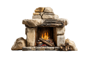 Rustic stone fireplace with burning logs creates a warm and cozy atmosphere with its bright orange flames and glowing embers inside a traditional hearth with a wooden beam