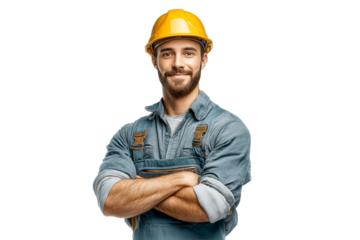 Friendly bearded construction worker in a yellow hard hat and blue overalls stands with arms crossed, smiling confidently at the camera for a professional portrait