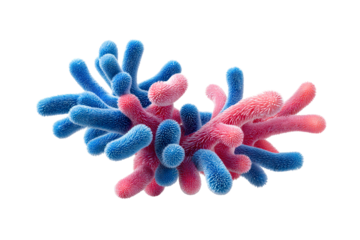 Vibrant blue and pink microscopic organism cluster with a detailed ciliated surface, representing a colony of bacteria or a virus cell in a scientific visualization